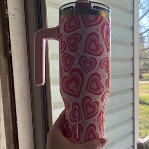 Pink Heart Pattern Travel Tumbler with Handle